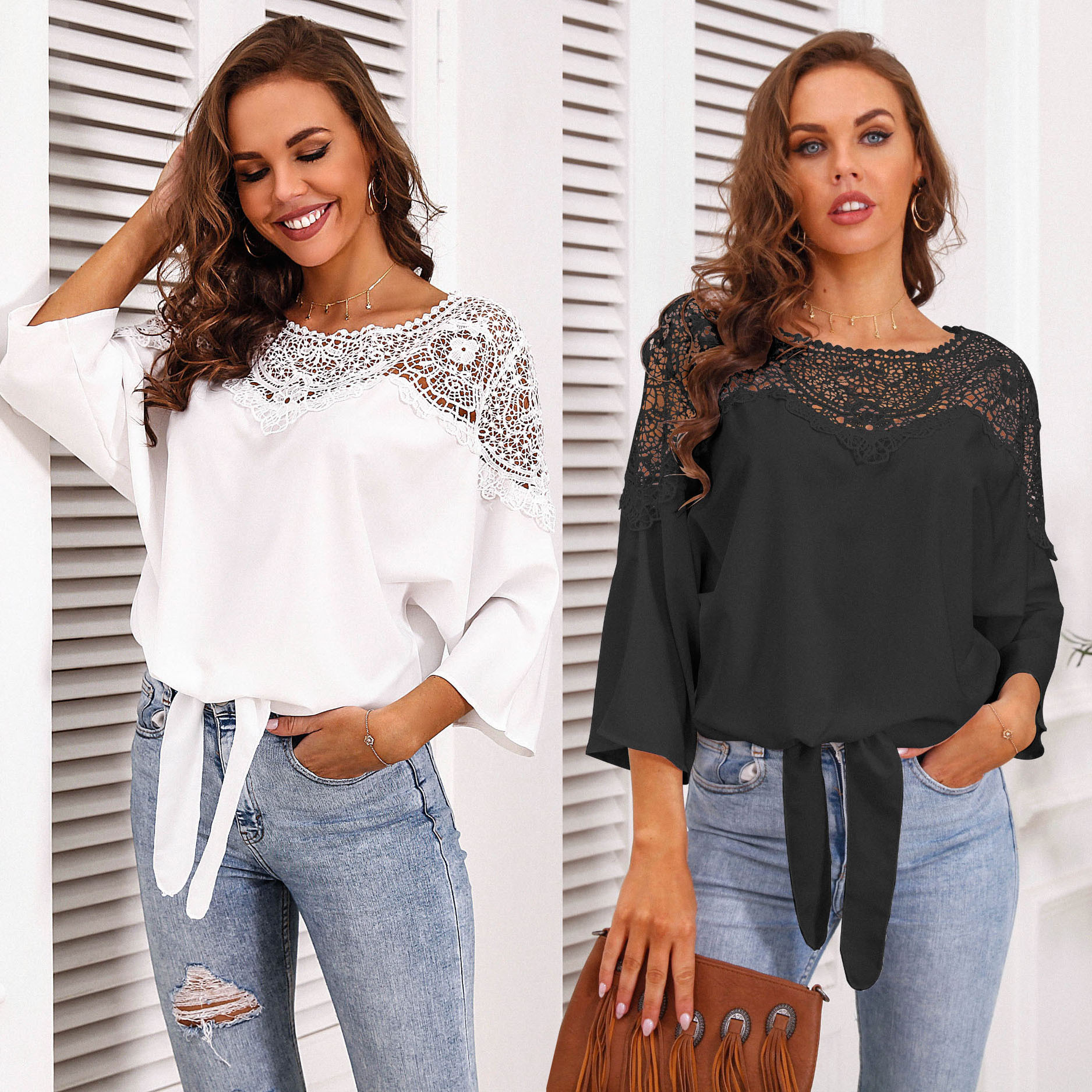 summer lace shirt for leisure with bow