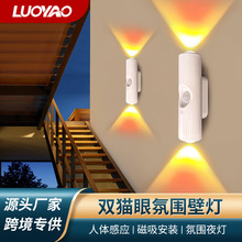 双头猫眼壁灯RGB氛围灯小夜灯床头灯七彩渐变磁吸感应灯人来即亮