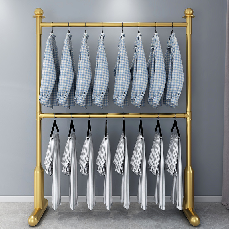 Double-layer clothes hanger floor-standing household balcony drying clothes hanger bedroom simple lifting rod coat rack storage rack