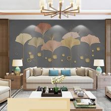 現代新中式10D浮雕銀杏葉電視背景牆布大氣高檔壁畫卧室沙發牆