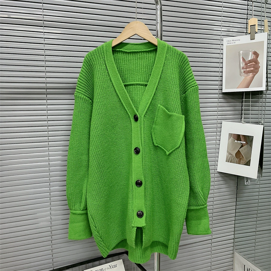 Европейский винтажный кардиган-свитер оверсайз для женщин, утепленный для осени и зимы, свободный, средней длины, высококачественный вязаный.