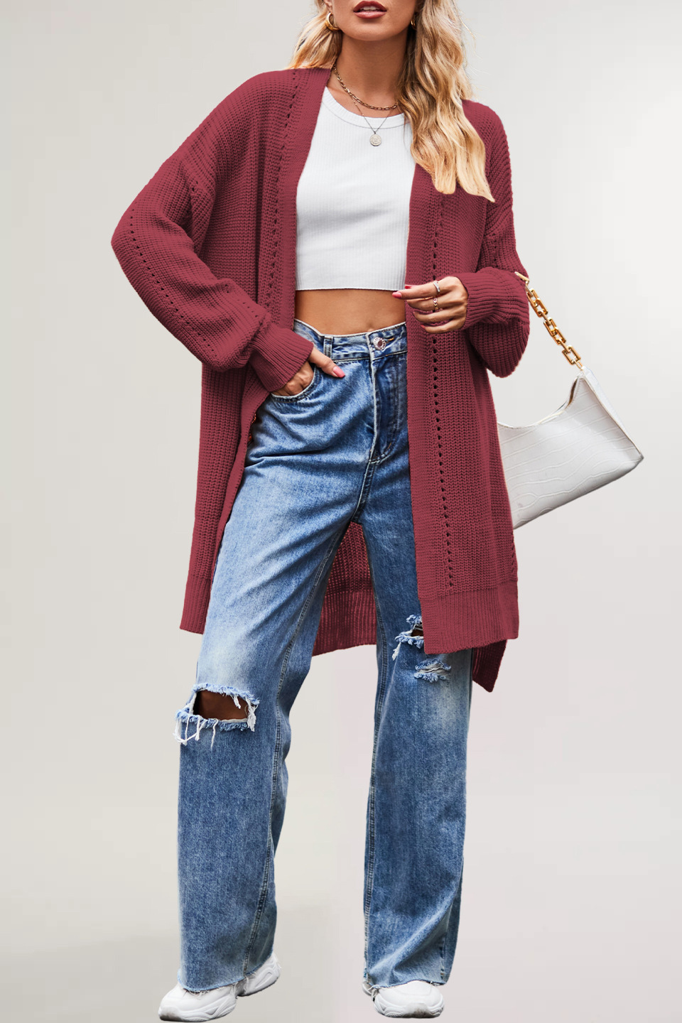 Suéter de punto holgado de color liso con bolsillos para mujer, estilo europeo y americano, novedad de invierno y otoño 2026, ideal para Amazon.