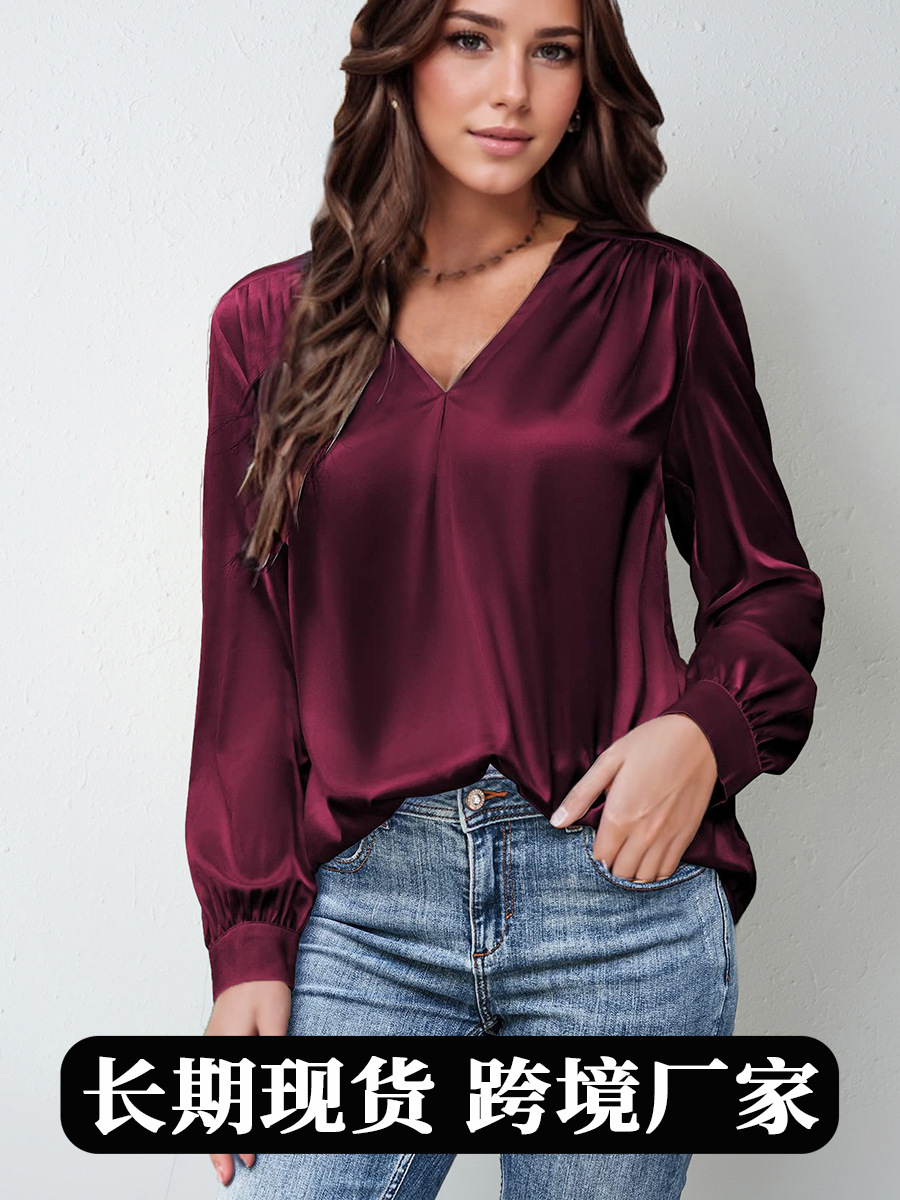 Camisa de satén plisada de manga larga con cuello en V para mujer, estilo casual y holgado, ideal para el día a día, éxito de ventas en Amazon 2026