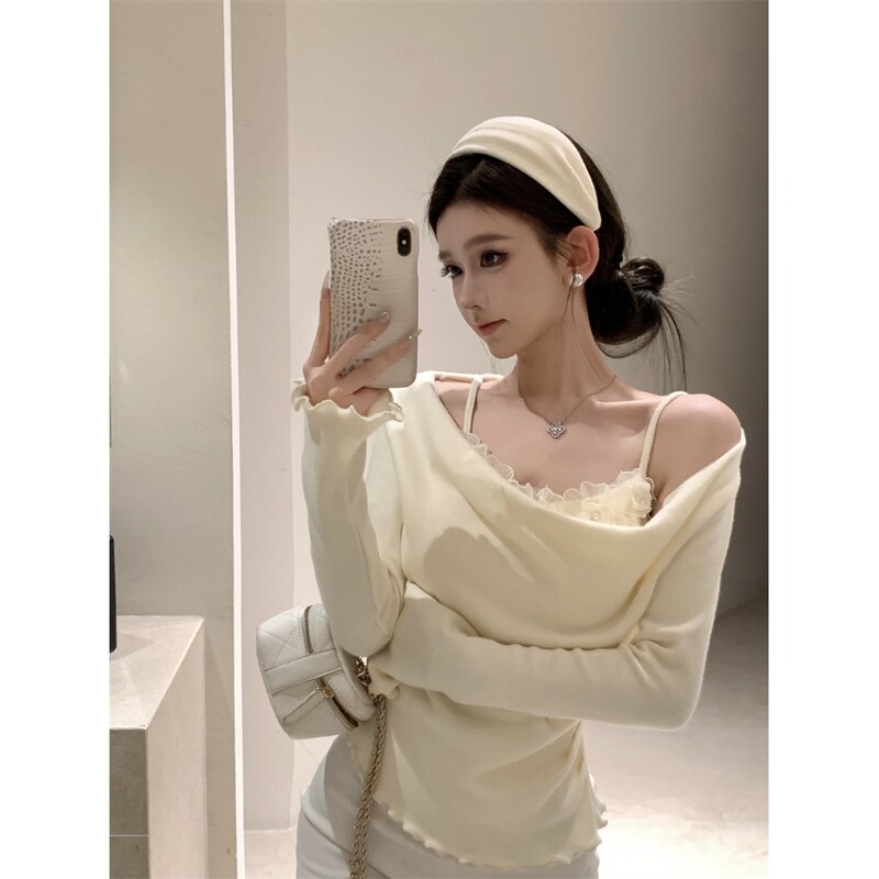 Pure want to splice fake two flower suspenders long sleeve sweater women's slim pleated design short top wholesale