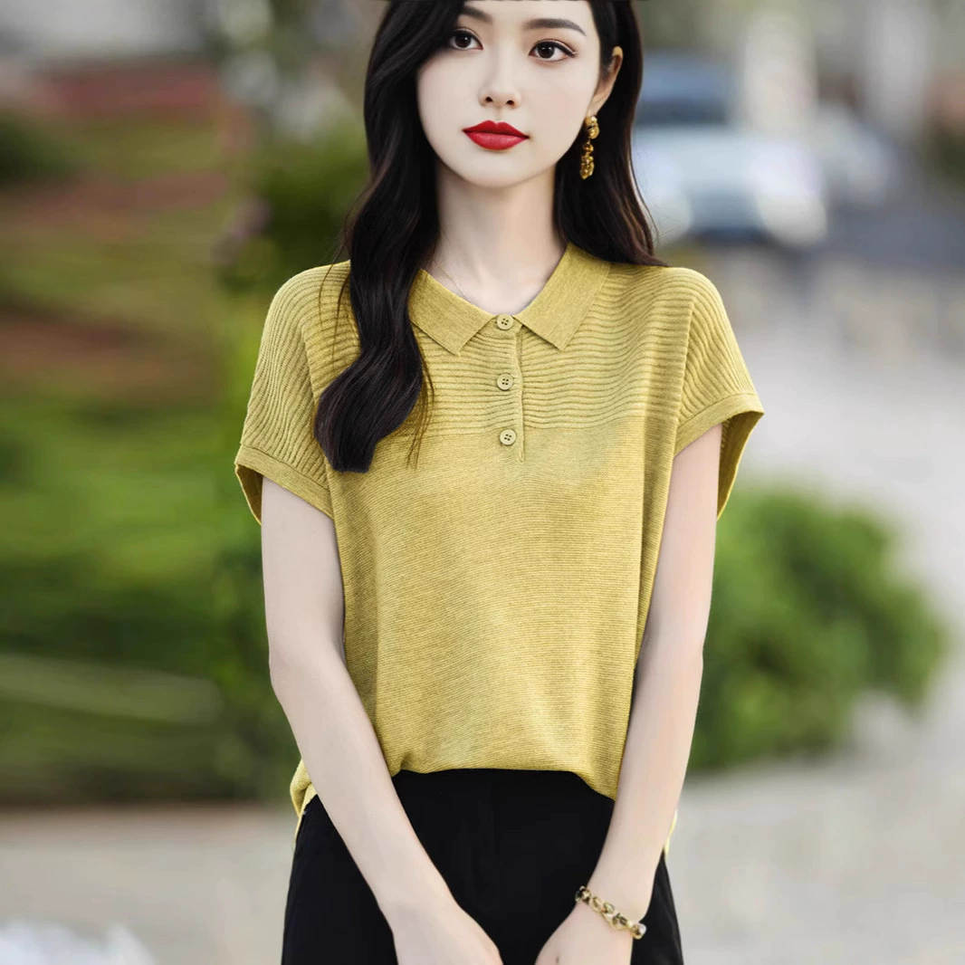 Summer silk knitted solid sweater, 25 years, polo collar, with short sleeve, oversize