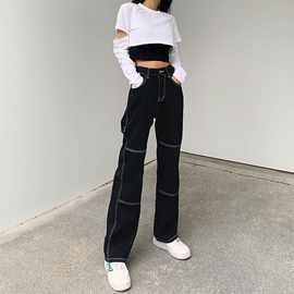 跨境女士牛仔裤拼接弹力喇叭裤女裤长裤纯黑色牛仔裤新款女士
