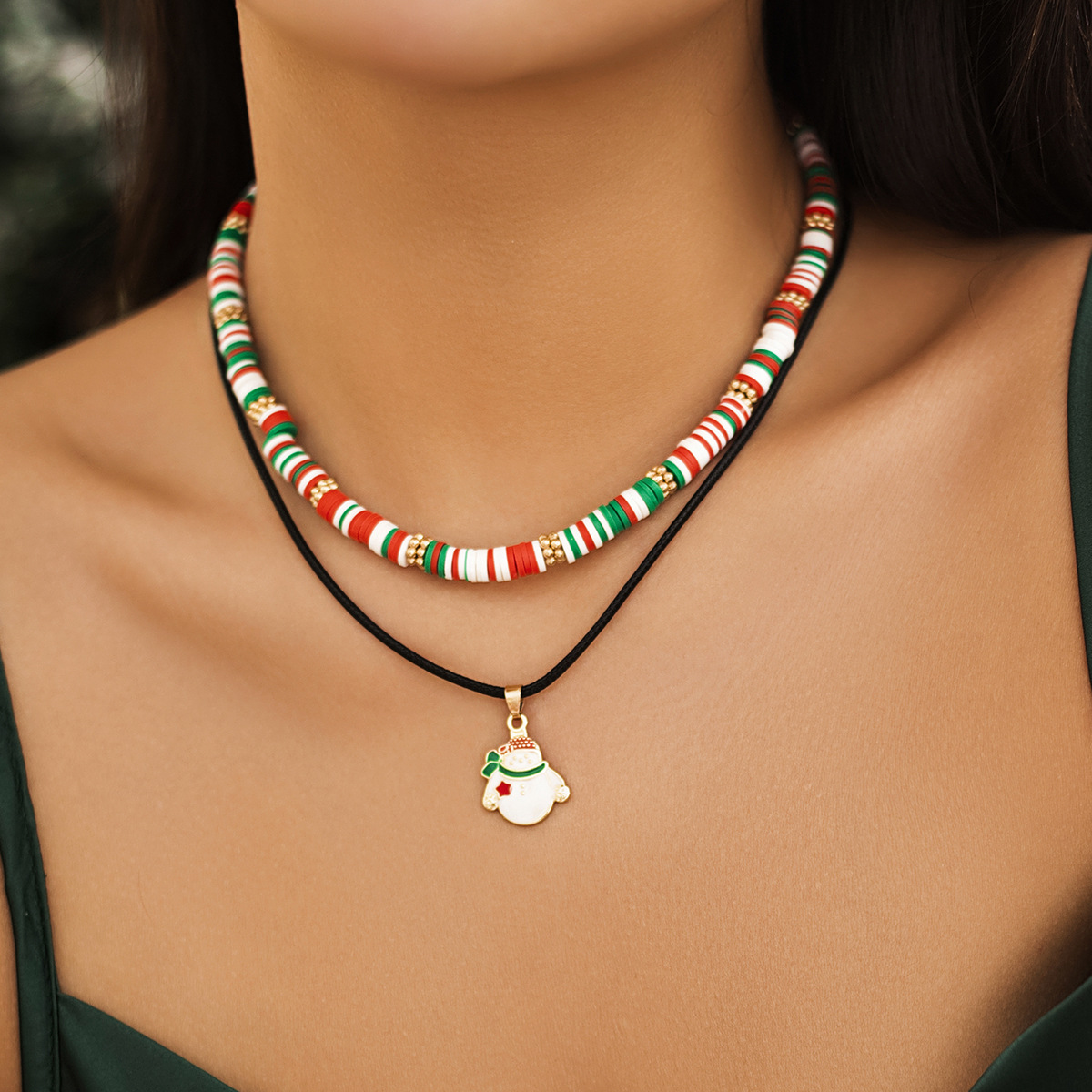 Christmas Beaded Choker Necklace With Crystal Snowman Charms_voghion.com