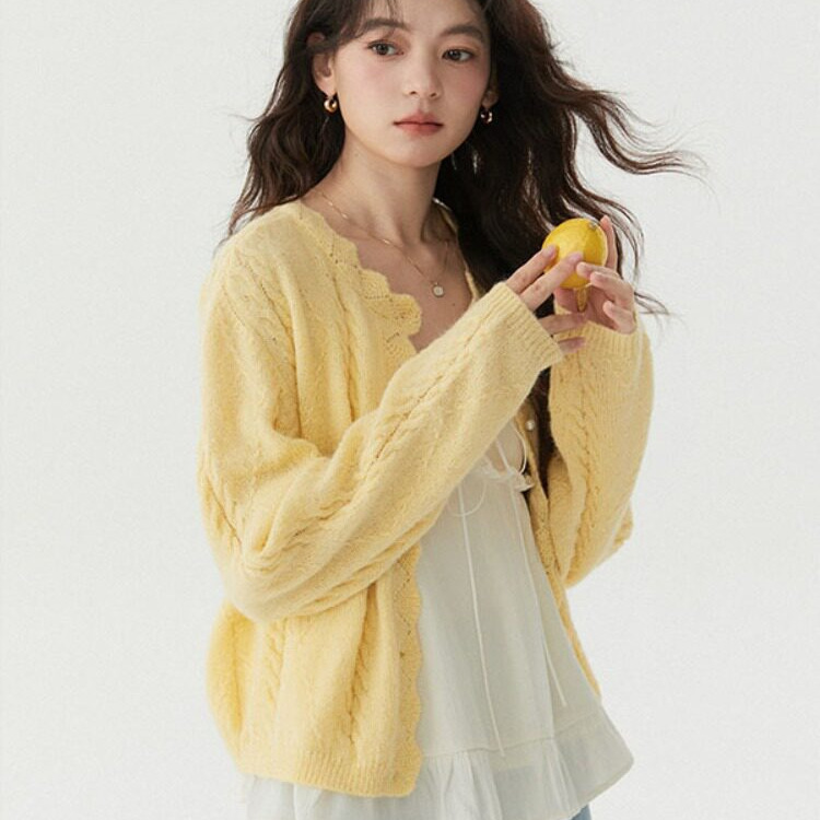 French-Style Hollow Lace Cream Yellow Cardigan Long-Sleeve Sweater for Women 2026 Spring New Loose Versatile Chic Top