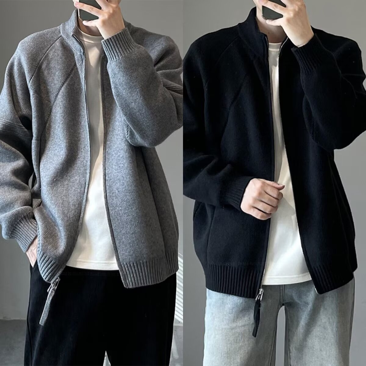 Transfronterizos perezosos color sólido collar zip suéter chaqueta hombre y mujer otoño invierno nuevo tipo suelto pareja de punto clip cardigan