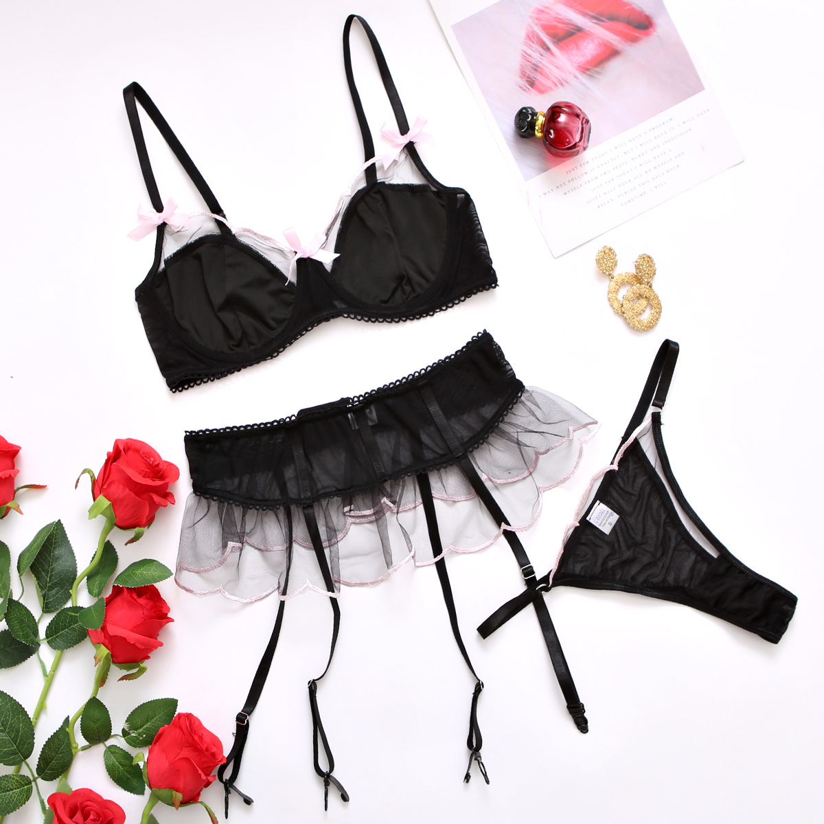 wrap chest high waist bow solid color mesh perspective underwear three-piece suit NSRBL133356