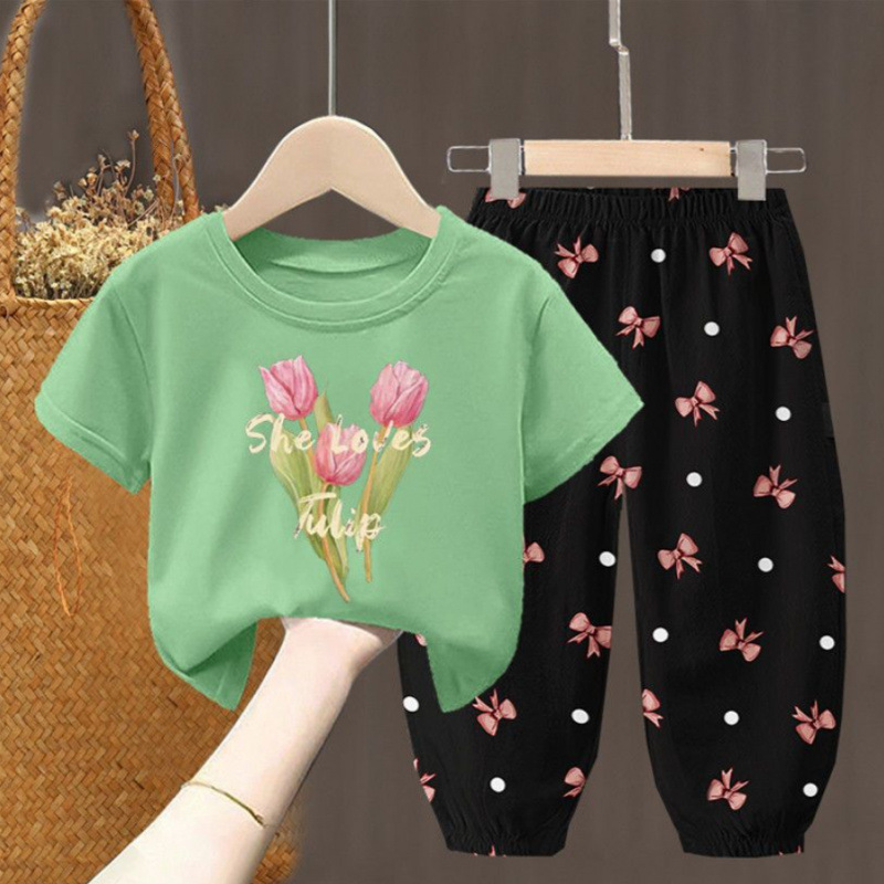 子供服女の子夏のリボンスーツ新しいスタイルファッショナブルな花のファッショナブルな夏服女の子シングル/ツーピース|undefined