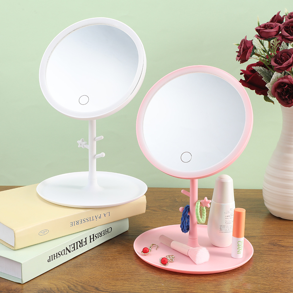 全方位LED照明圆形美妆镜创意树枝状收纳托盘个人护理化妆镜女