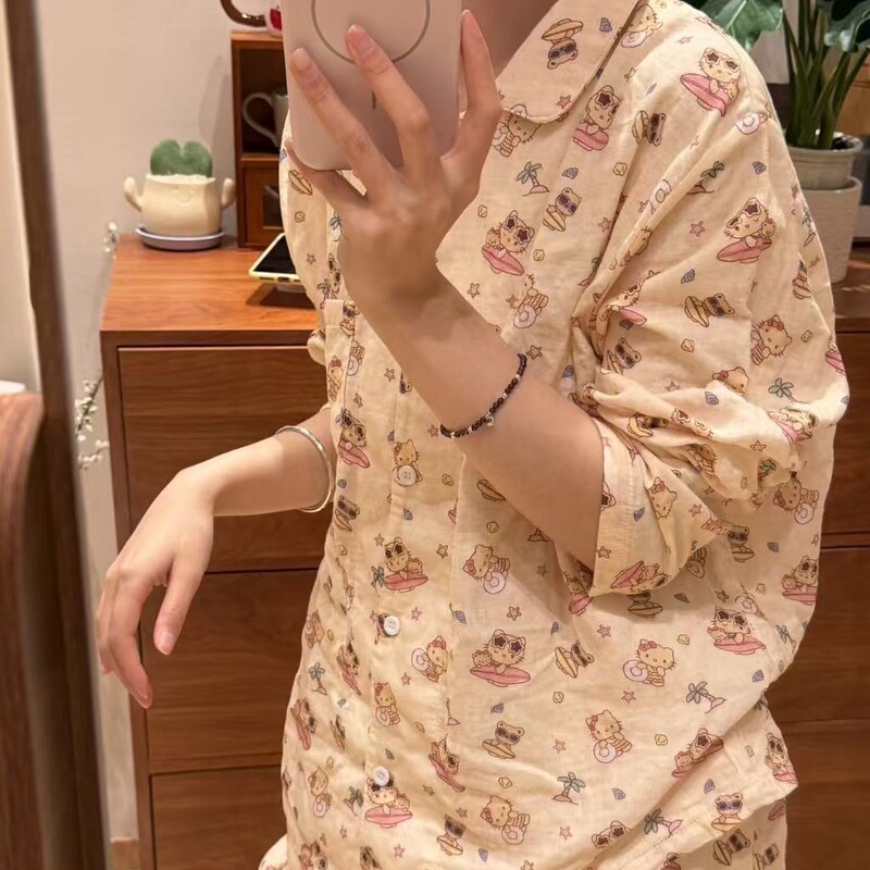 Vacation Cat~2026 New Model A-Class All-Cotton Double-Layer Gauze Long-Sleeve Turn-Down Collar Pajamas Cartoon Cute Homewear