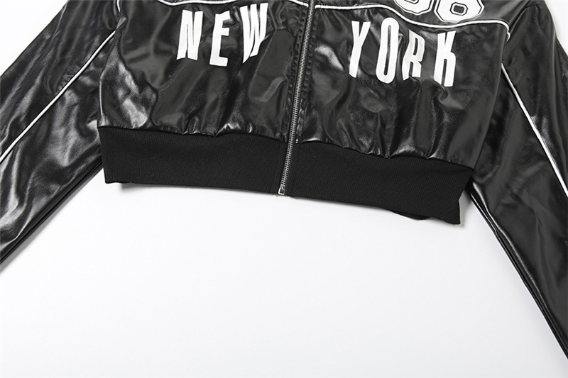 Women's Slim Fit Short Zip up Leather Jacket Autumn Fashion Print Patchwork Outerwear_ecoleips.com