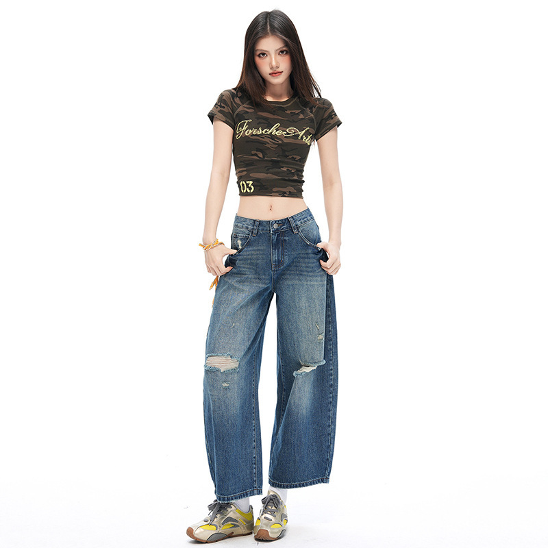 Ripped Cropped Wide-Leg Jeans for Women, Summer 2026, High-Waisted Loose Straight-Leg Denim Pants, Petite Size, Slimming Effect