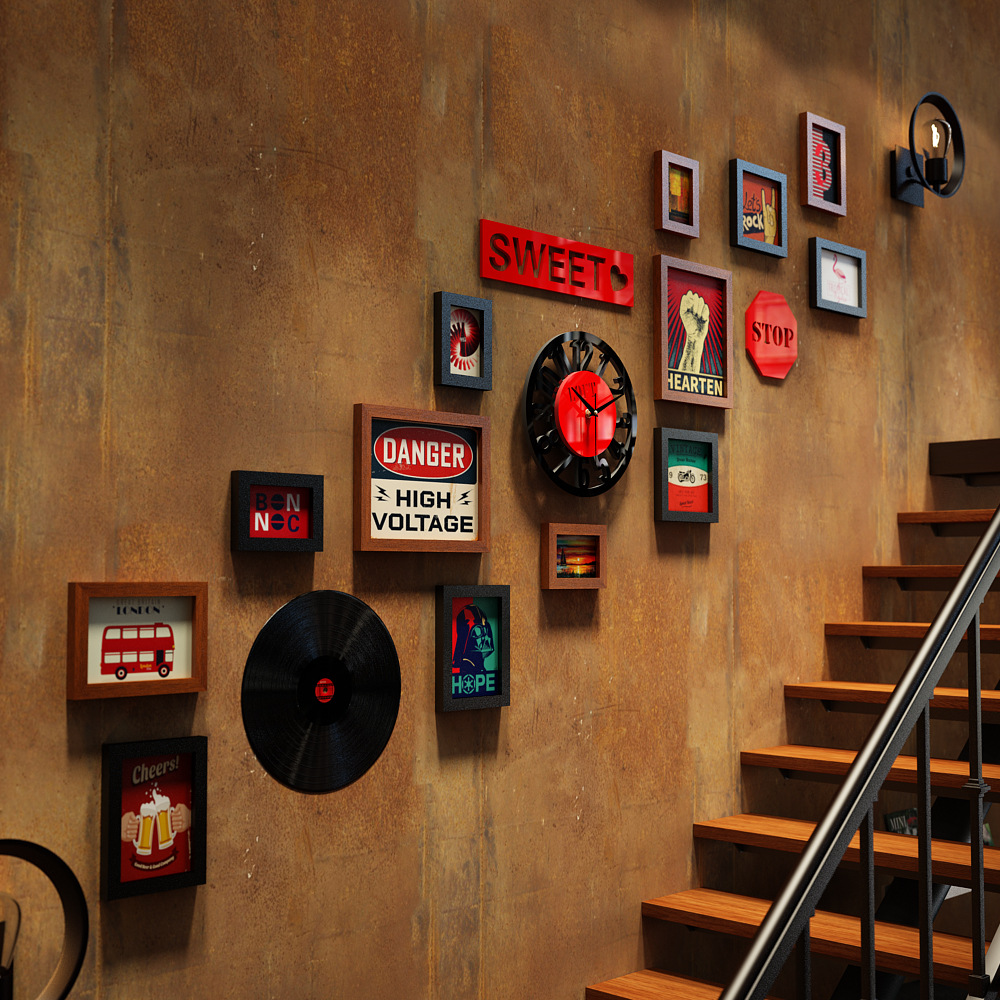 Polymer_3192_LOFT clock staircase photo wall mix and match combination photo frame industrial wind decorative painting real clock