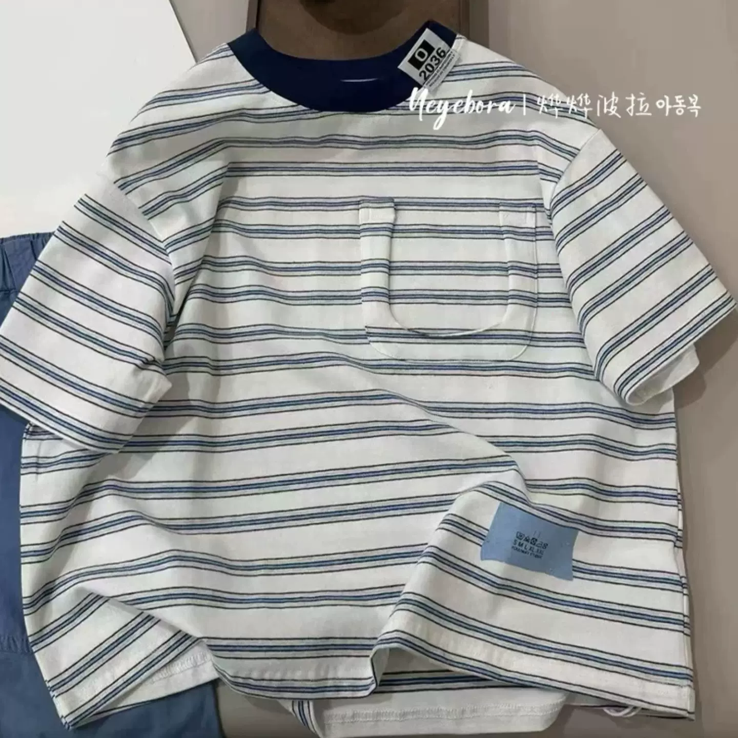 韩国童装夏季新款男童韩版蓝条纹短袖T恤儿童撞色宽松圆领上衣潮t