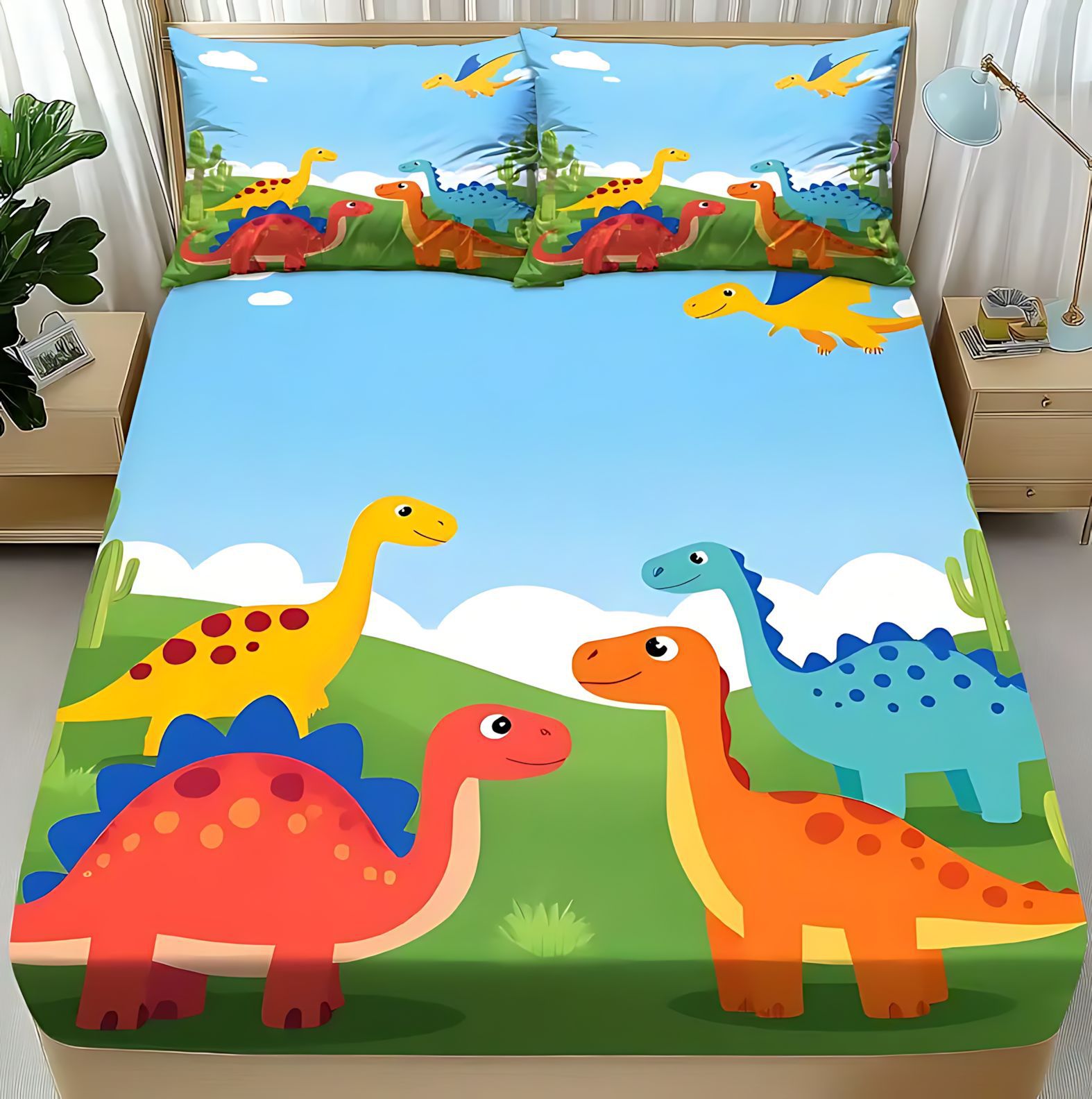 Temas de dibujos animados TEMU / JIT pequeños dinosaurios patrón de visita a casa transfronteriza de alta definición impresión digital kit de cama笠