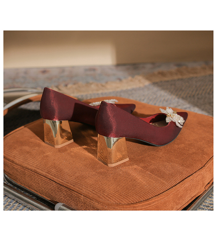 Giày cao gót nữ mũi nhọn satin gót thô Jin Gang CH60-41 — Màu đỏ rượu chi tiết 25