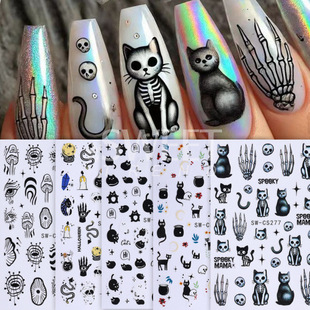 Cross-Border New Nail Art Stickers Halloween Black Cat Skull Hand Devil Eye 3D Adhesive Nail Decals Hot Style