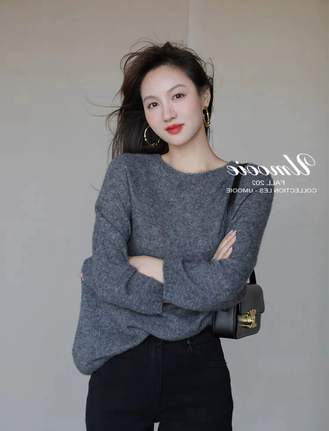 UM осенне-зимний новый женский свитер из чистой шерсти в ленивом стиле с круглым вырезом Женский Топ однотонный Свободный вязаный короткий с длинным рукавом