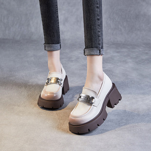 Height increasing platform loafers 2024 spring new thick high heel genuine leather British small leather shoes metal buckle casual shoes