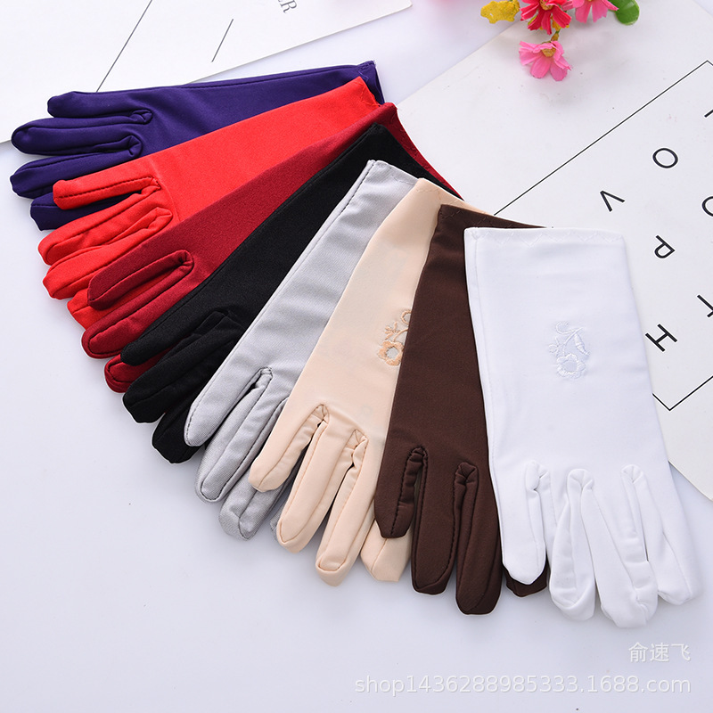 Seasonal Lady Spandex Embroidered Thin Short Dancing Shell White Gloves Performance Etiquette Jewelry Gloves