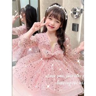 裙兒童禮服蓬蓬裙亮片寶寶連衣裙花童女童演出服公主中國風短袖