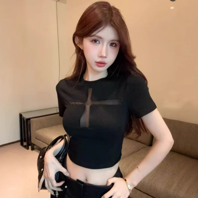 Black Hollow See-Through Cross Design Short-Sleeved T-Shirt for Women Summer Niche Waist Slimming Look Unique Top