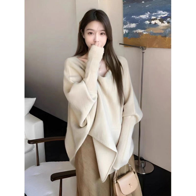 慵懒风不规则长袖针织衫女早秋季小众宽松外穿独特超好看套头毛衣|undefined