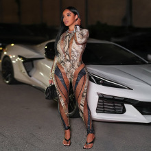 欧美跨境2025时尚新款女装性感个性蛇纹印花修身连体衣长裤两件装