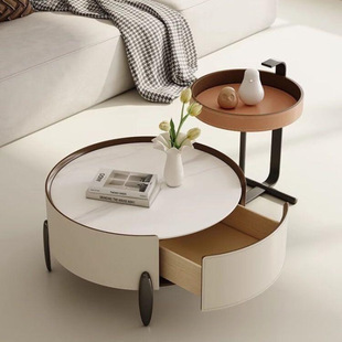 Round Coffee Table Wabi-Sabi Style Ins Italian Slate Combination Simple Cream Saddle Leather Solid Wood Living Room Home Side Table