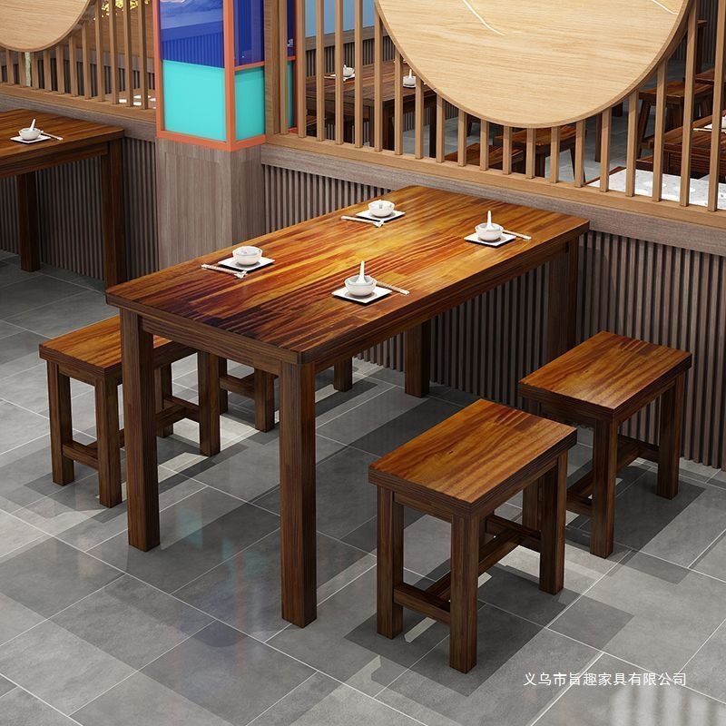 Noodle Shop Tables and Chairs, Restaurant Snack Bar Tables and Chairs, Fast Food Dining Table and Chair Combination, Solid Wood Restaurant Firewood Dining Table, Carbonized Table