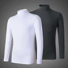 跨境货源长袖T恤男半高领春秋季纯色中领内搭薄款打底衫上衣服男