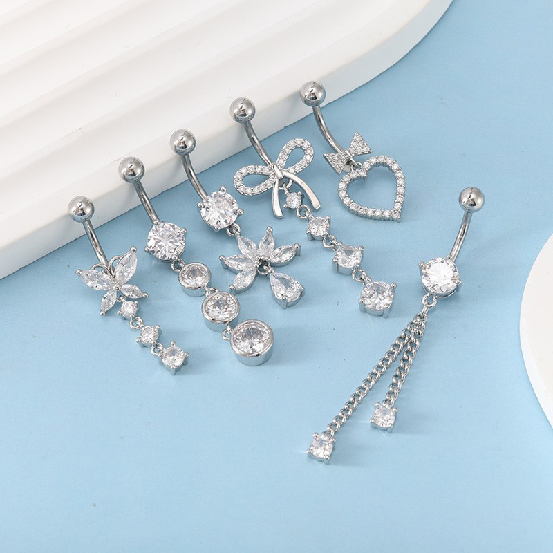 Hot-Selling 6-Piece Bowknot Heart CZ Stainless Steel Belly Button Ring Set detail image 7