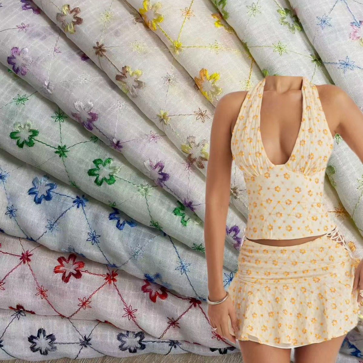 厂家直销彩线绣花饰品帽子连衣裙吊带裙雪纺面料童装女装面料