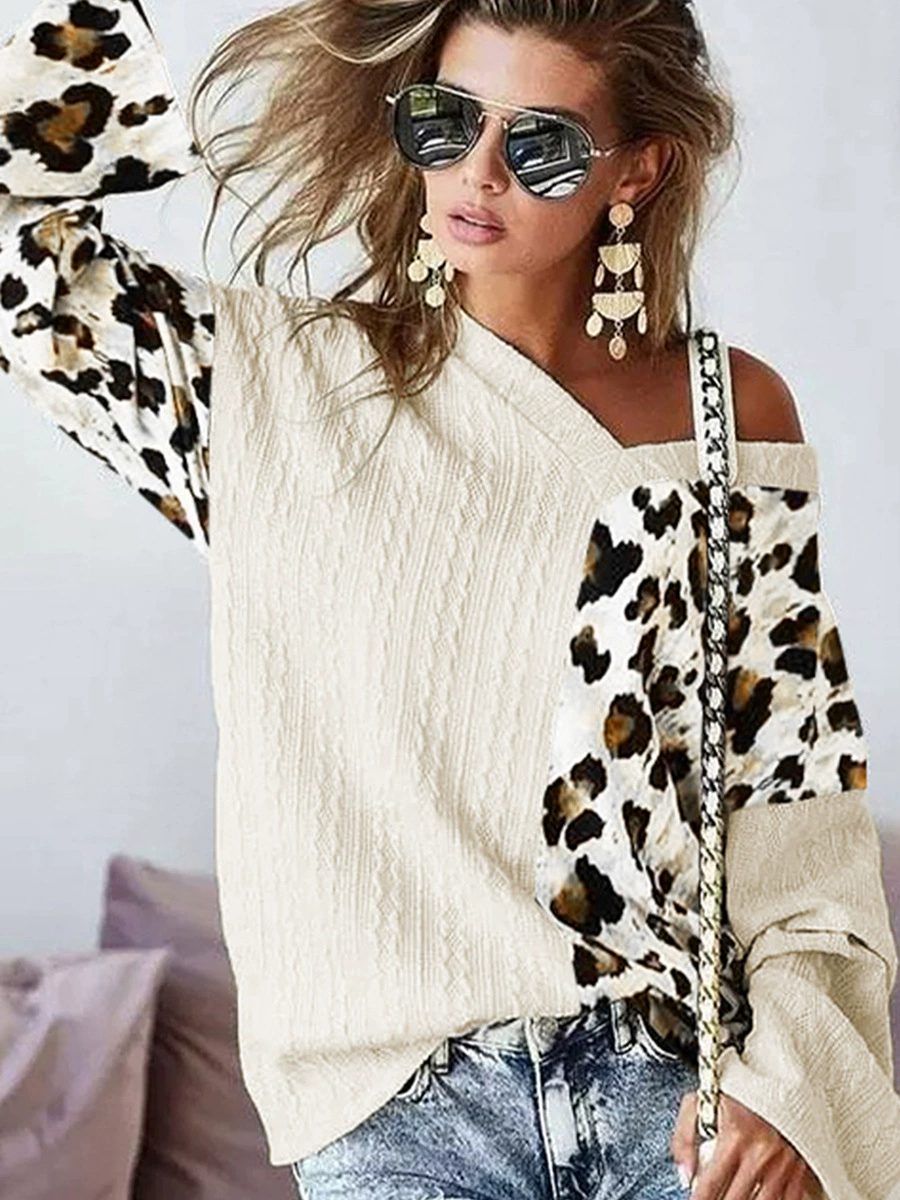 Beige long-sleeve, fashionable sweater, V-neckline, European style