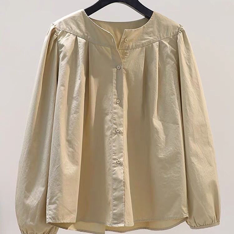 Bargain~ Clearance Spring and Autumn Round Neck Loose Lantern Sleeve Pleated Cotton Shirt Top for Women