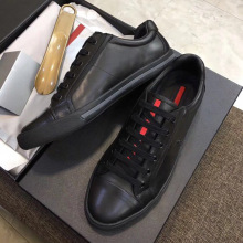 欧洲站P家系带男鞋黑色运动休闲透气皮鞋韩版男士板鞋小黑鞋