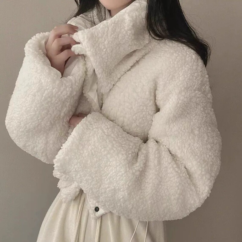 双面穿羊羔毛棉服女短款翻领外套韩版仿宽松长袖面包服外搭棉衣冬|undefined