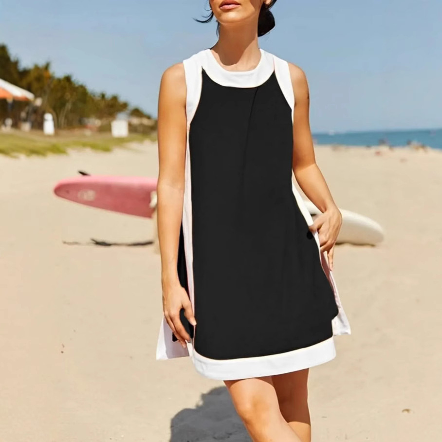 Amazon Independent Station Summer New Hot Selling Women's Casual Color Block Round Neck Sleeveless Top with Shorts Set