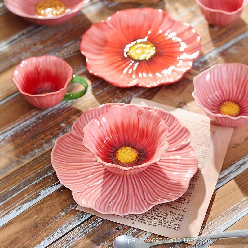 Poppy Oven Flower-Shaped Household Tray Baking Dish Plate Soup Bowl Ceramic Dessert Plate Ins Ceramic Tableware Poppy Oven Flower-Shaped Household Tray Baking Dish Plate Soup Bowl Ceramic Dessert Plate Ins Ceramic Tableware
