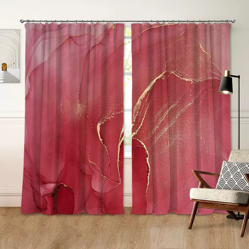 定制抽象红底中式水墨窗帘数码印花遮光阳台帘跨镜来图装饰成品