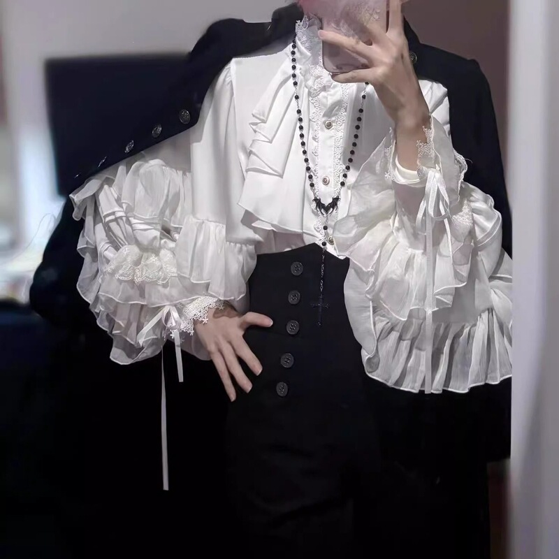 Lolita 2024 New Dark Gothic Style Shirt with Batwing Sleeves, Loose Fit, Lolita Spring and Autumn Red and Black Shirt Lolita 2024 New Dark Gothic Style Shirt with Batwing Sleeves, Loose Fit, Lolita Spring and Autumn Red and Black Shirt