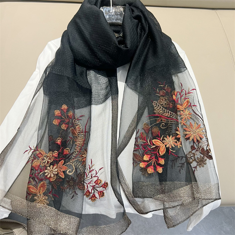 150g Weight Silk Scarf Classification Travel Occasion Polyester Material Flower Pattern Spring, Autumn Season Women's Gender Embroidery Design Elegant Style Women's Elegant Flower Polyester Embroidery Silk Scarf 11