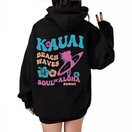 Women's Ocean Beach Print Hoodie Ribbed Drop Shoulder Sweatshirt_voghion.com