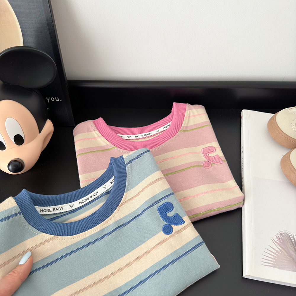 Children's T-Shirt 2026 Summer New Stylish Short-Sleeve T-Shirt for Boys and Girls, Embroidered Striped Top for Toddlers and Young Children, Baby Base Layer