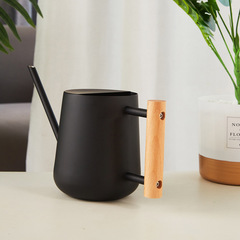 Wooden-handle long-spout stainless steel watering can for flowers, extra-thick small-sized black spray bottle, metal household flower-sprinkling pot, 1000ML
