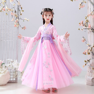 Children pink fairy hanfu female child tang suit Chinese folk dance  princess dress pink costume Chinese wind kimono dresses of the girls