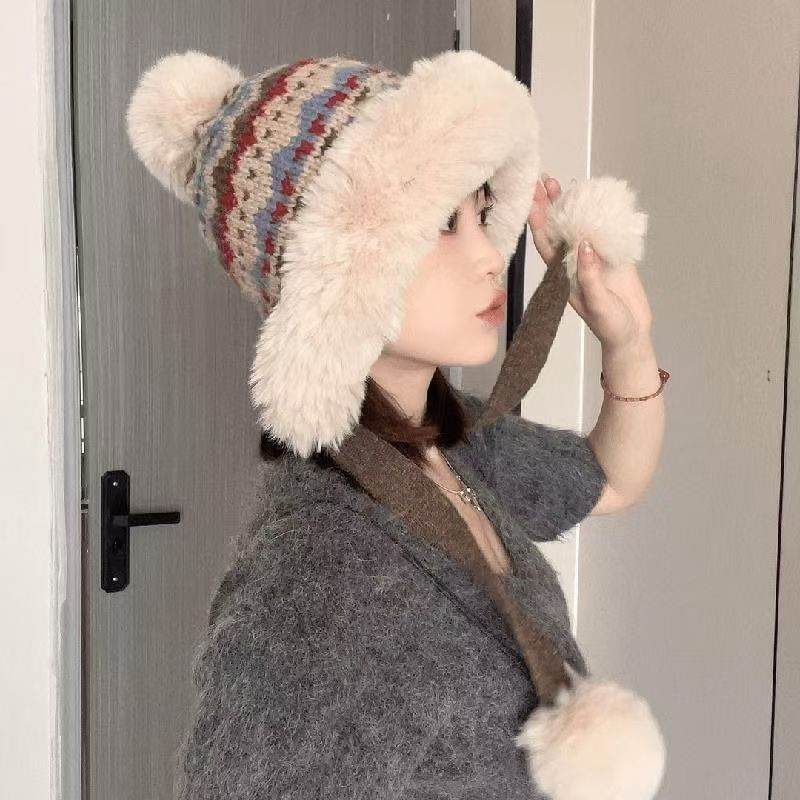 帽子女秋冬彩色针织毛绒渔夫帽保暖防风护耳套头盆帽潮东北蒙古帽|undefined